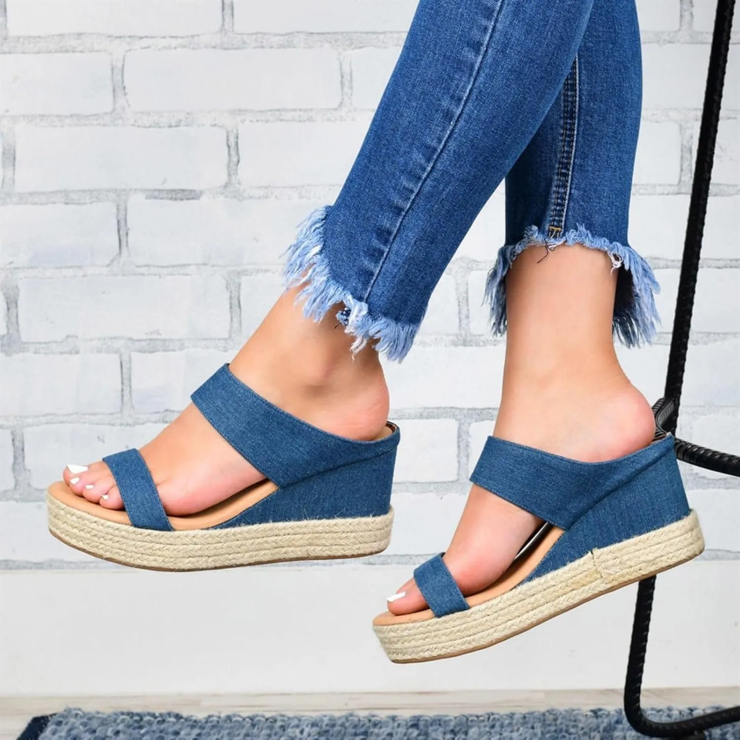 Women Slip On Espadrilles Platform Wedge Sandals Slide Open Toe Espadrille Flatform Wedges Casual Sandal Dressy Summer Comfort Breathable Outdoor Walking Shoes Beach Wedding Slippers