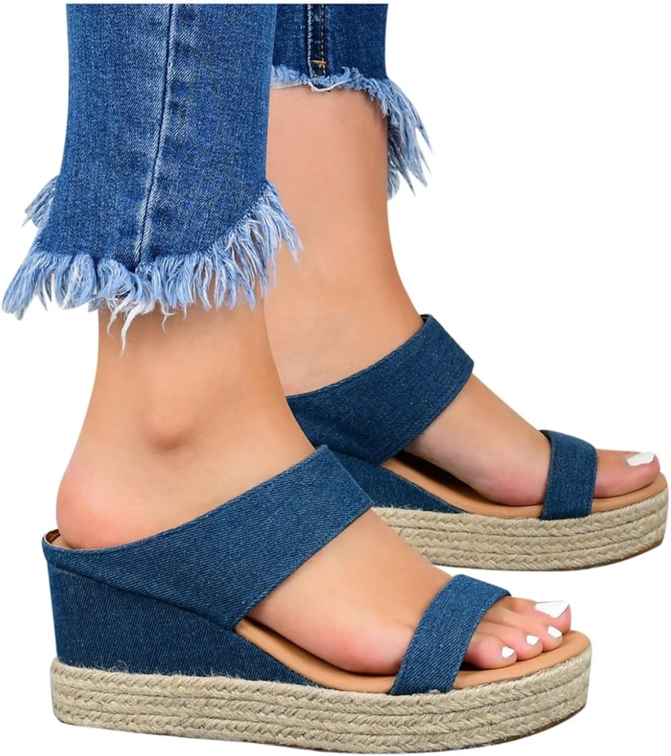 Women Slip On Espadrilles Platform Wedge Sandals Slide Open Toe Espadrille Flatform Wedges Casual Sandal Dressy Summer Comfort Breathable Outdoor Walking Shoes Beach Wedding Slippers