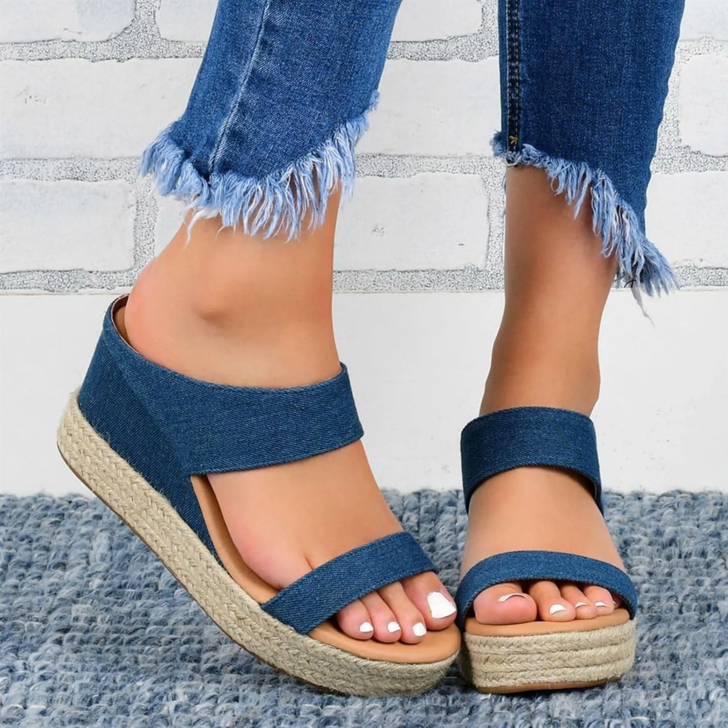 Women Slip On Espadrilles Platform Wedge Sandals Slide Open Toe Espadrille Flatform Wedges Casual Sandal Dressy Summer Comfort Breathable Outdoor Walking Shoes Beach Wedding Slippers