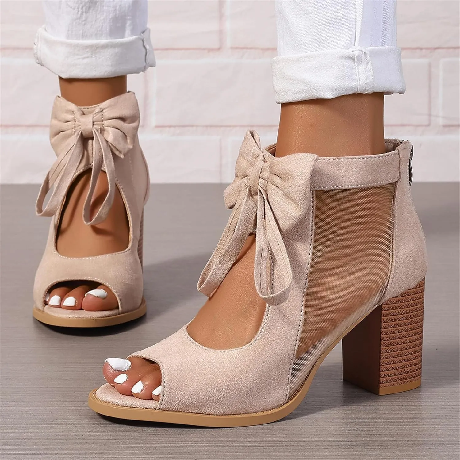 Womens Chunky High Heel Sandals Ankle Strap Open Toe Dress Shoes Cut Out Mesh Bows Strappy Sandals High Block Heels Peep Toe Summer Ankle Boots Fish Mouth Fashion Breathable Dressy Booties Shoes