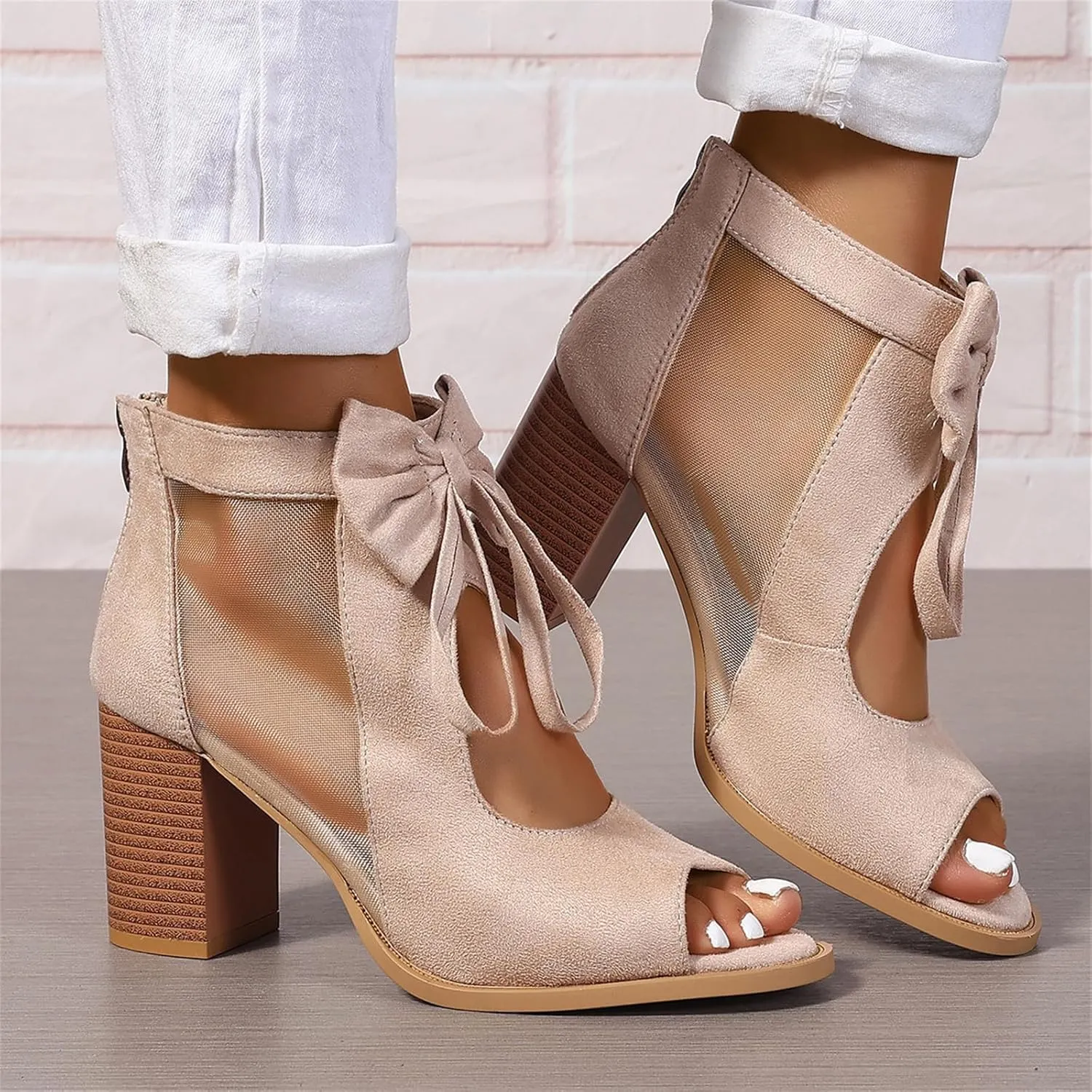 Womens Chunky High Heel Sandals Ankle Strap Open Toe Dress Shoes Cut Out Mesh Bows Strappy Sandals High Block Heels Peep Toe Summer Ankle Boots Fish Mouth Fashion Breathable Dressy Booties Shoes