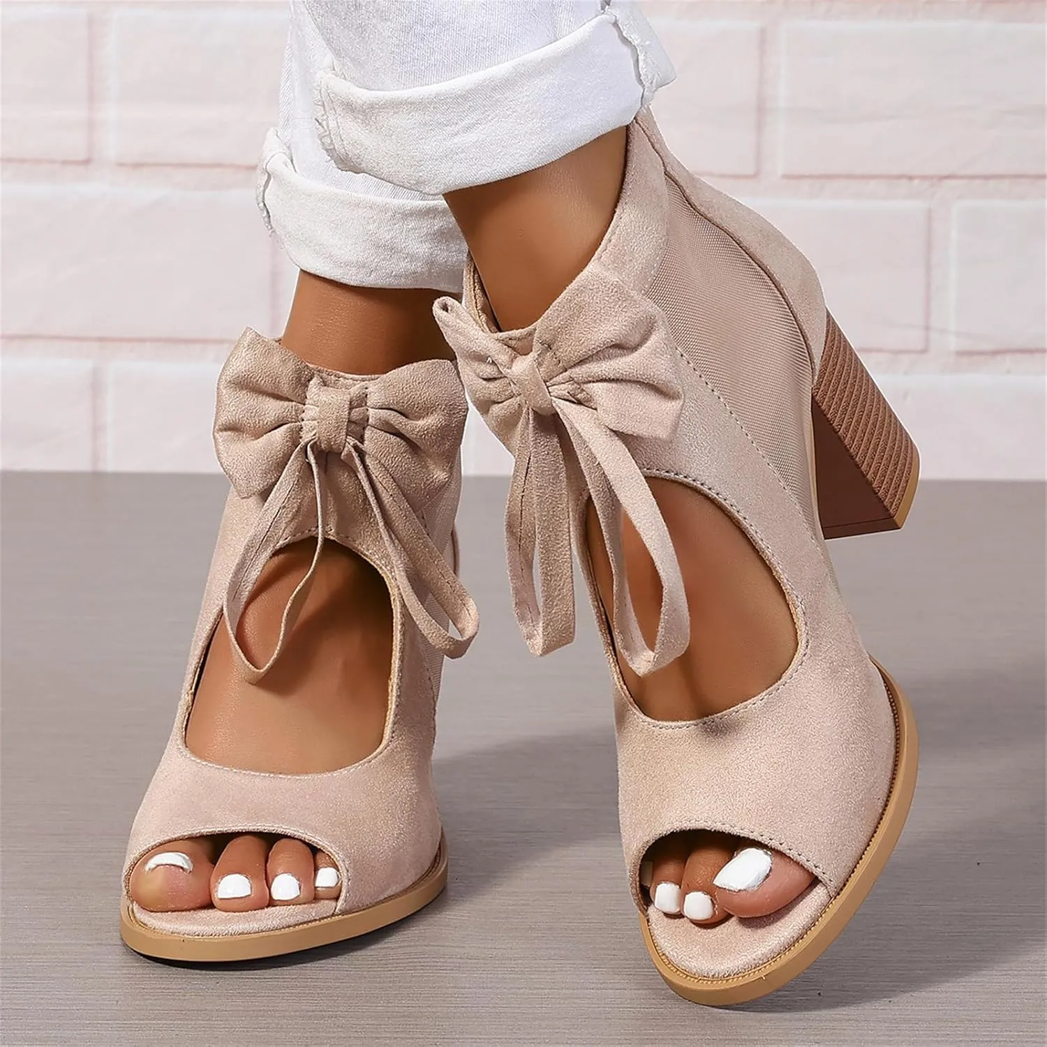 Womens Chunky High Heel Sandals Ankle Strap Open Toe Dress Shoes Cut Out Mesh Bows Strappy Sandals High Block Heels Peep Toe Summer Ankle Boots Fish Mouth Fashion Breathable Dressy Booties Shoes