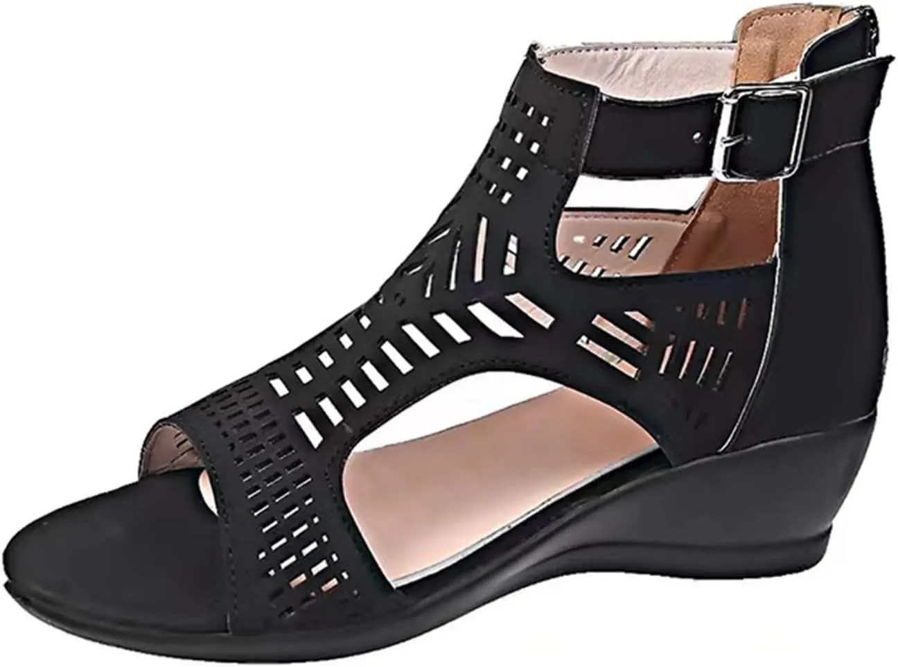 Womens Comfortable Flat Sandals Summer Slides Leather Slip On Open Toe Dressy Beach Adjustable Buckle Memory Foam Arch Support