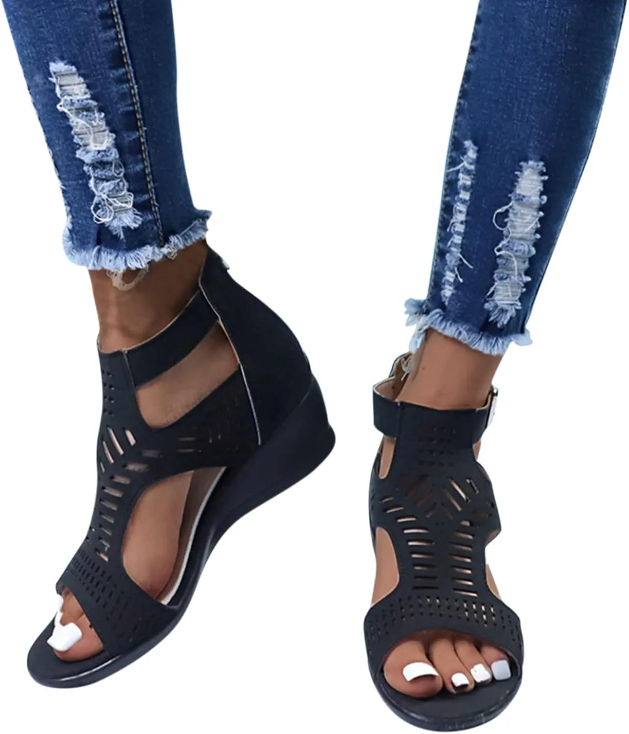 Womens Comfortable Flat Sandals Summer Slides Leather Slip On Open Toe Dressy Beach Adjustable Buckle Memory Foam Arch Support
