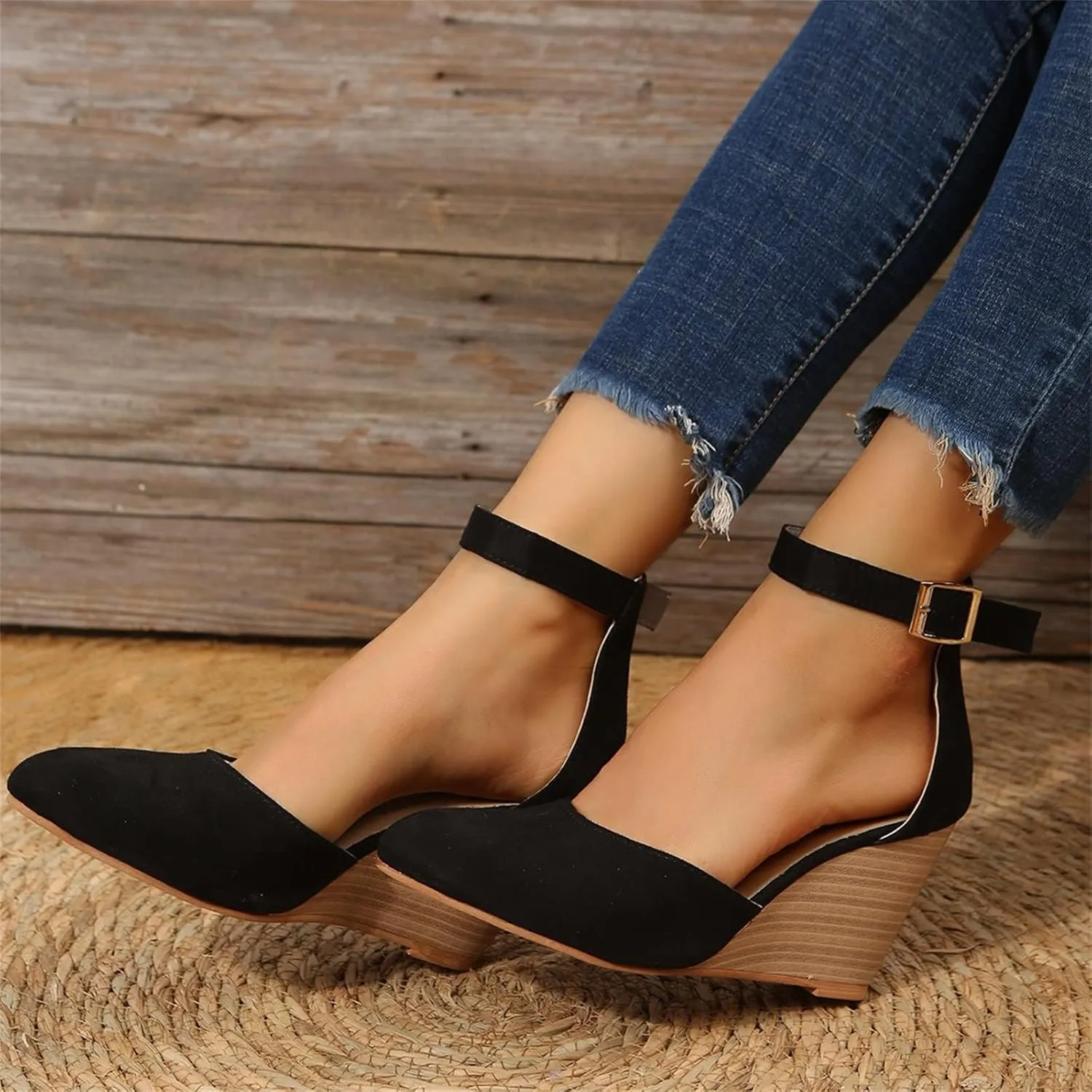 Women's Dress Flats Ballet Low Wedge Round Toes Ankle Strap Comfortable Casual Closed Toe High Heels Dress Wedges Sandals Work Office Wedding Dresses Shoes