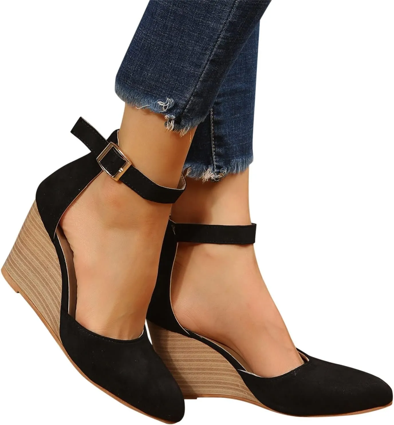 Women's Dress Flats Ballet Low Wedge Round Toes Ankle Strap Comfortable Casual Closed Toe High Heels Dress Wedges Sandals Work Office Wedding Dresses Shoes