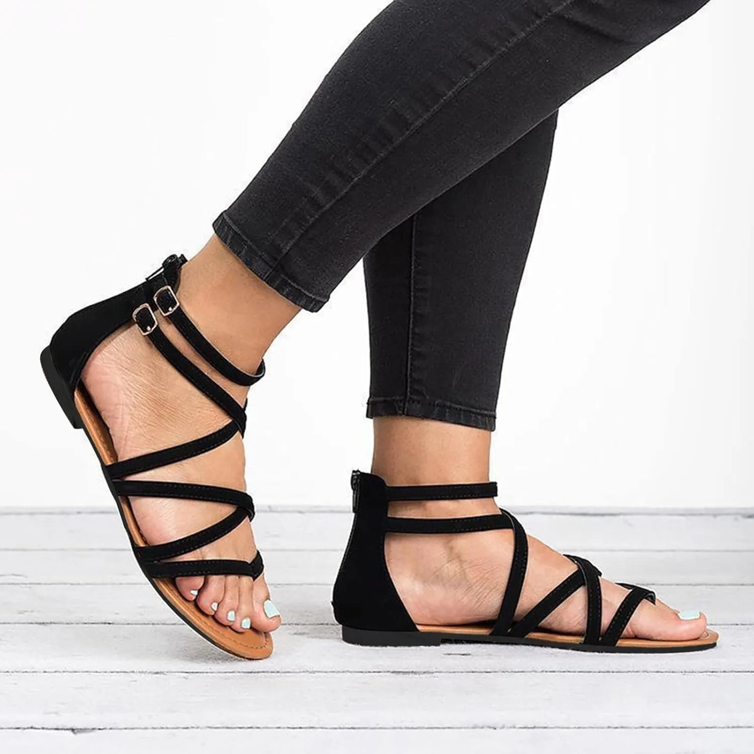 Women's Gladiator Summer Cross Strappy Sandals Comfort Casual Beach Fisherman Thong Sandals Flat Sandal Dressy Flat Trendy Roman Shoes Zipper Ankle Strap Vacation Leather Ladies Party