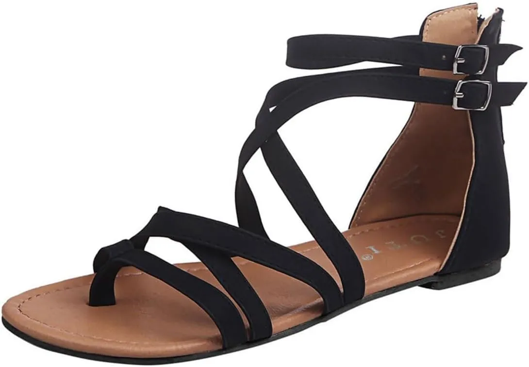 Women's Gladiator Summer Cross Strappy Sandals Comfort Casual Beach Fisherman Thong Sandals Flat Sandal Dressy Flat Trendy Roman Shoes Zipper Ankle Strap Vacation Leather Ladies Party