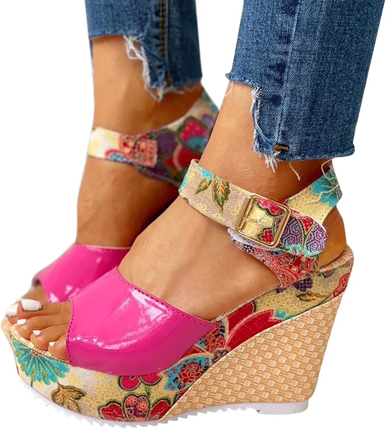 Women's Platform Wedge Sandals Buckle Ankle Strap Heeled Comfortable Summer Open Toe Slide Floral High Heel Toe Fish Mouth Dressy Espadrille Wedges Printed Slingback with Bowknot Bow Dress Shoes