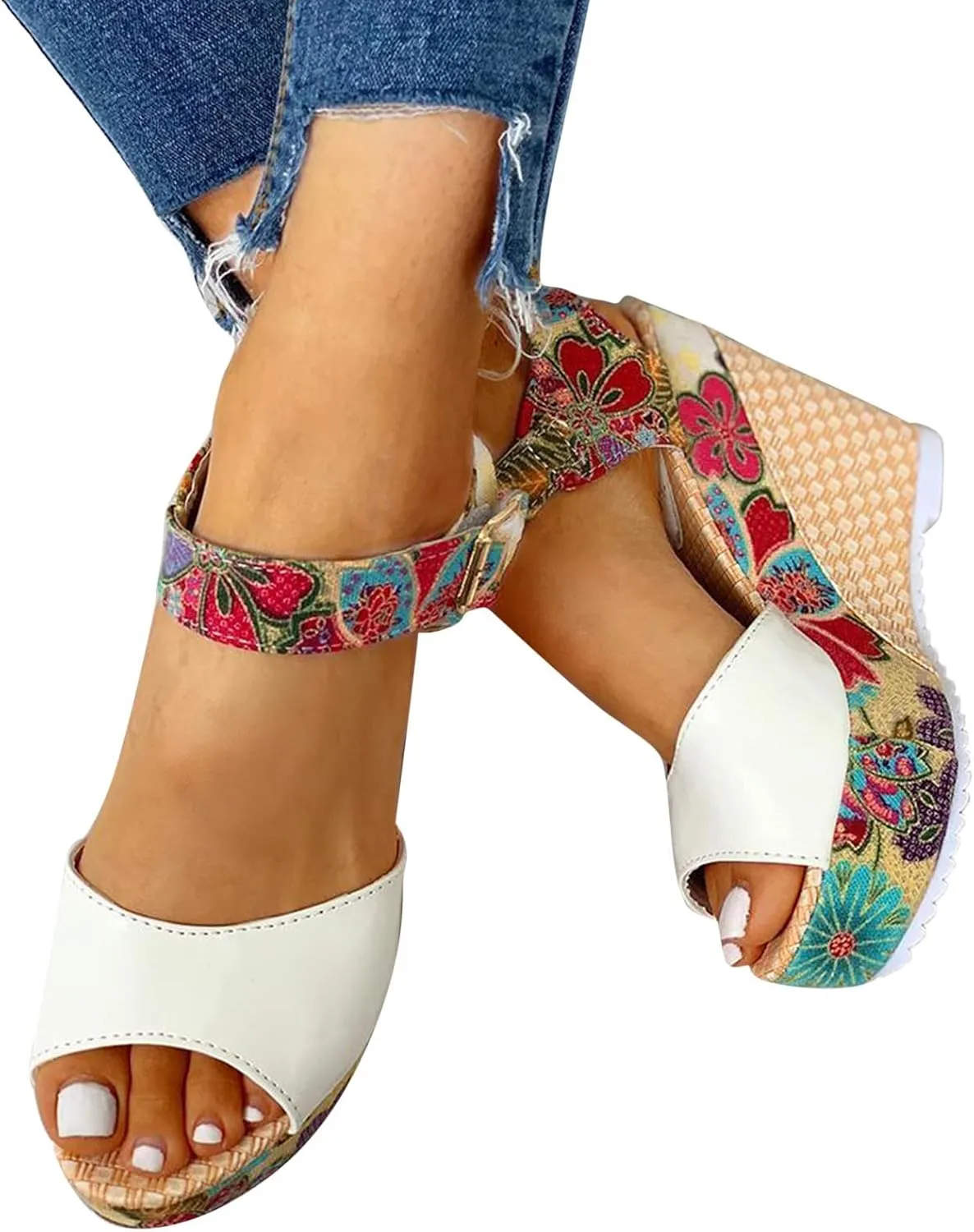Women's Platform Wedge Sandals Buckle Ankle Strap Heeled Comfortable Summer Open Toe Slide Floral High Heel Toe Fish Mouth Dressy Espadrille Wedges Printed Slingback with Bowknot Bow Dress Shoes