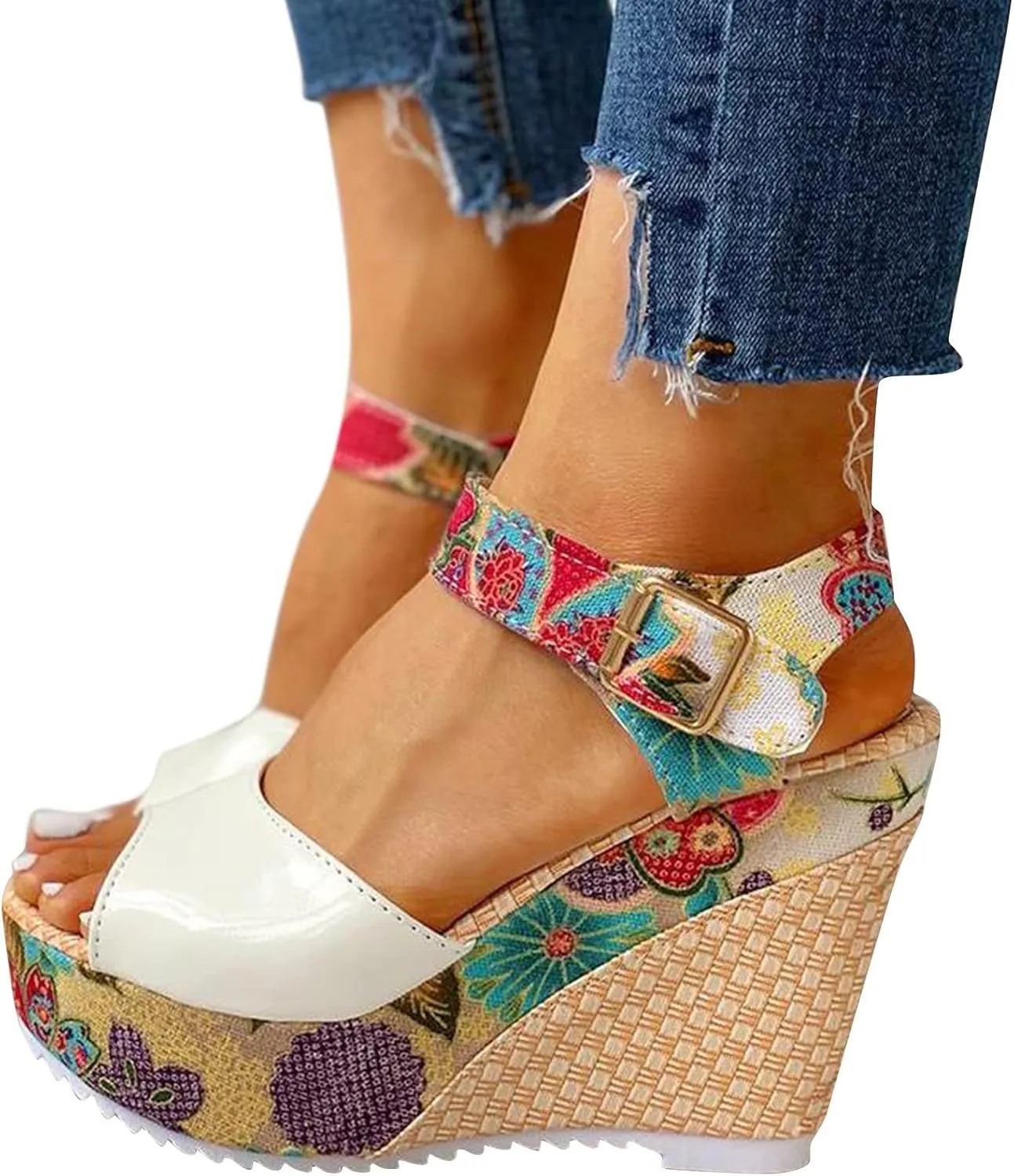 Women's Platform Wedge Sandals Buckle Ankle Strap Heeled Comfortable Summer Open Toe Slide Floral High Heel Toe Fish Mouth Dressy Espadrille Wedges Printed Slingback with Bowknot Bow Dress Shoes