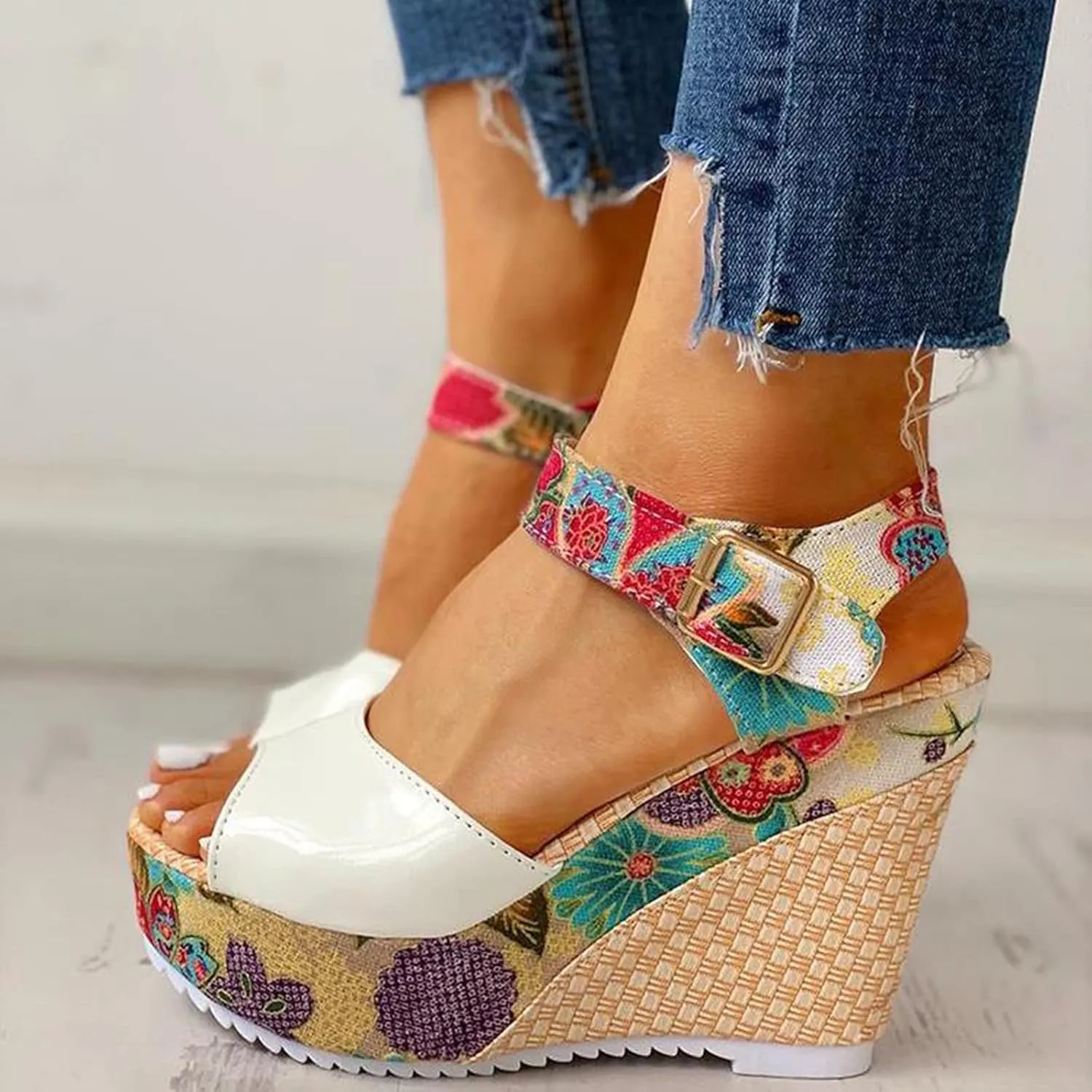 Women's Platform Wedge Sandals Buckle Ankle Strap Heeled Comfortable Summer Open Toe Slide Floral High Heel Toe Fish Mouth Dressy Espadrille Wedges Printed Slingback with Bowknot Bow Dress Shoes