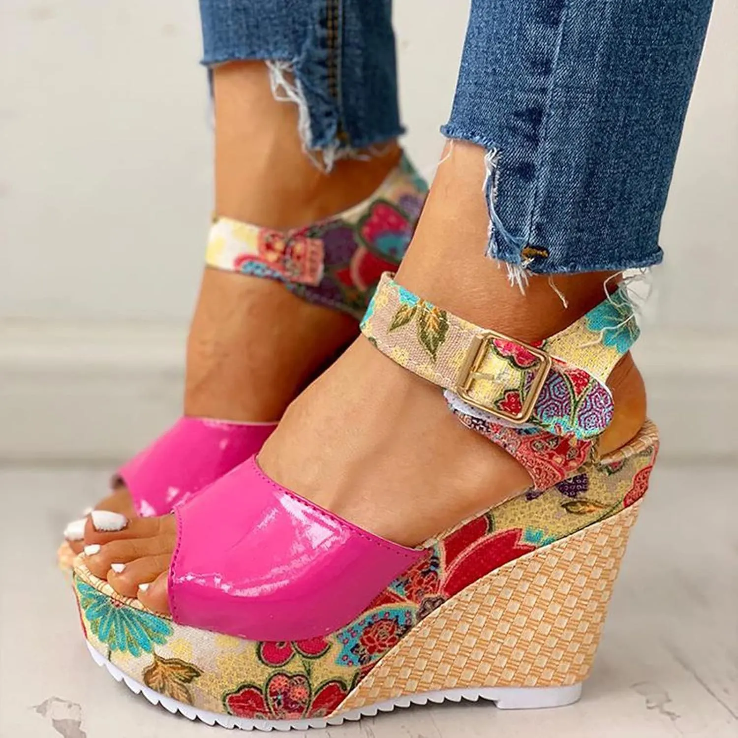 Women's Platform Wedge Sandals Buckle Ankle Strap Heeled Comfortable Summer Open Toe Slide Floral High Heel Toe Fish Mouth Dressy Espadrille Wedges Printed Slingback with Bowknot Bow Dress Shoes