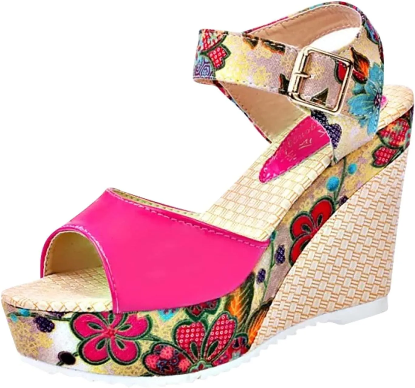 Women's Platform Wedge Sandals Buckle Ankle Strap Heeled Comfortable Summer Open Toe Slide Floral High Heel Toe Fish Mouth Dressy Espadrille Wedges Printed Slingback with Bowknot Bow Dress Shoes