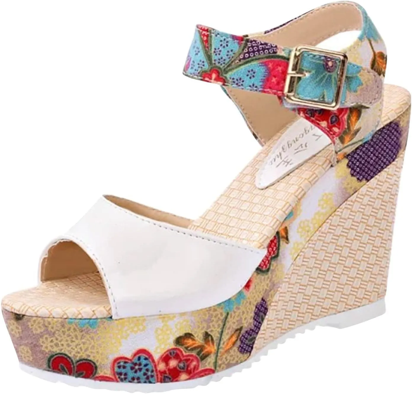 Women's Platform Wedge Sandals Buckle Ankle Strap Heeled Comfortable Summer Open Toe Slide Floral High Heel Toe Fish Mouth Dressy Espadrille Wedges Printed Slingback with Bowknot Bow Dress Shoes