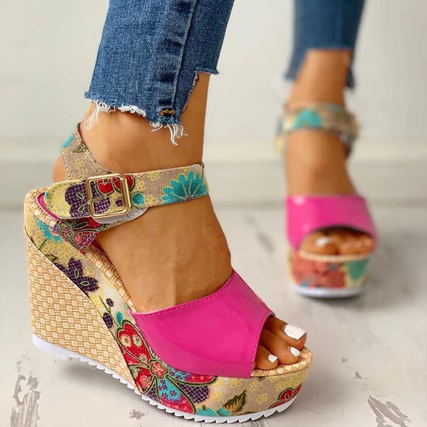 Women's Platform Wedge Sandals Buckle Ankle Strap Heeled Comfortable Summer Open Toe Slide Floral High Heel Toe Fish Mouth Dressy Espadrille Wedges Printed Slingback with Bowknot Bow Dress Shoes