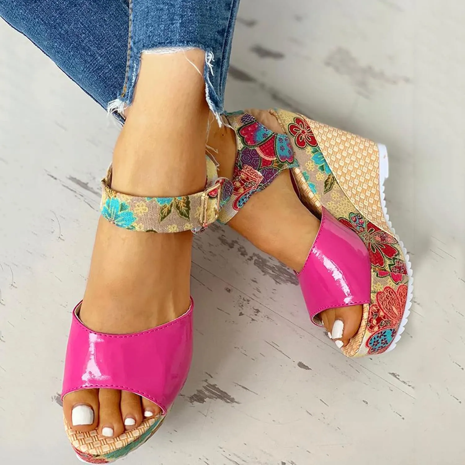 Women's Platform Wedge Sandals Buckle Ankle Strap Heeled Comfortable Summer Open Toe Slide Floral High Heel Toe Fish Mouth Dressy Espadrille Wedges Printed Slingback with Bowknot Bow Dress Shoes