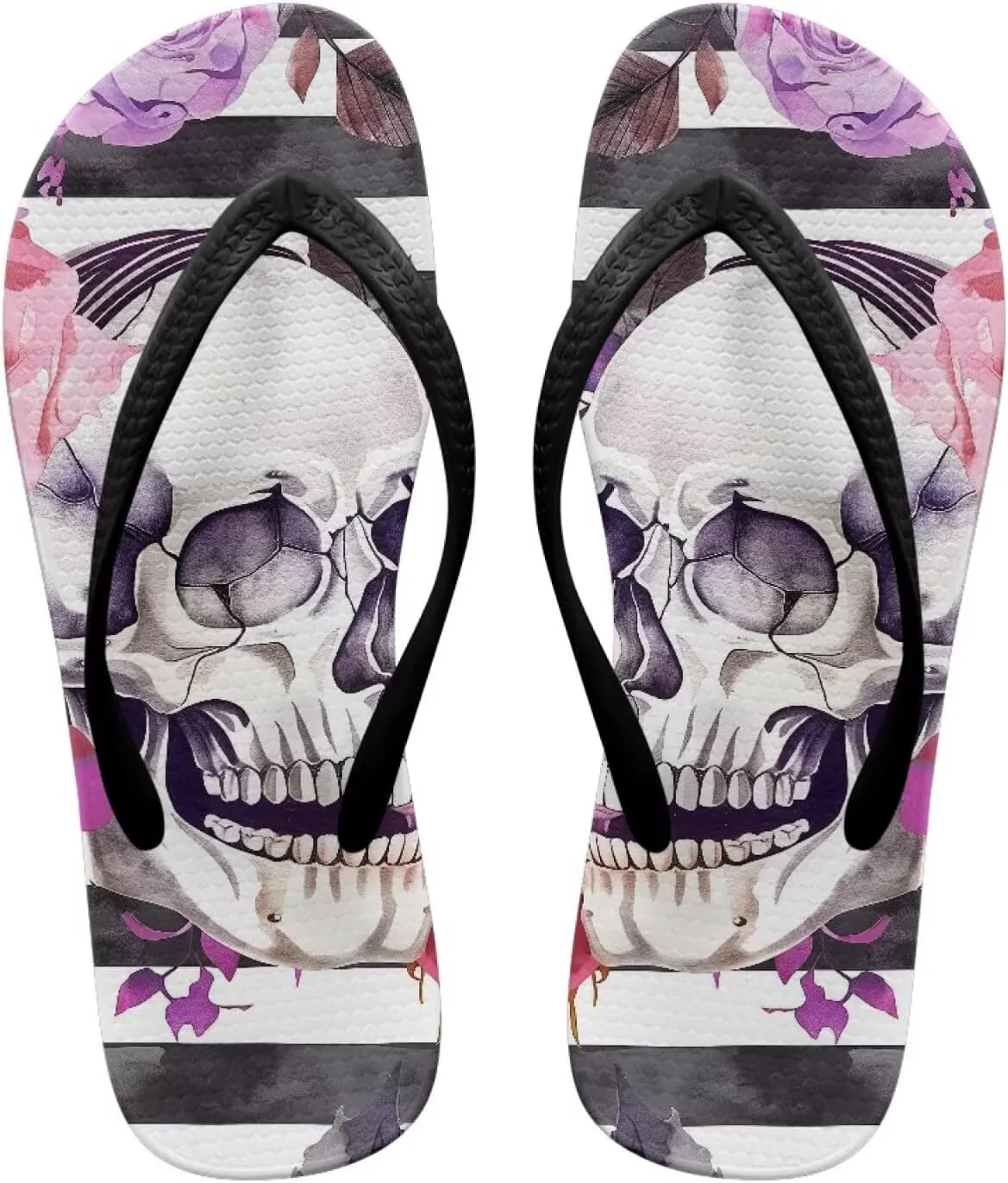 Women's Skull Print Flip Flops Beach Flat Sandals Non-Slip Walking Thong Slippers Shower Shoes