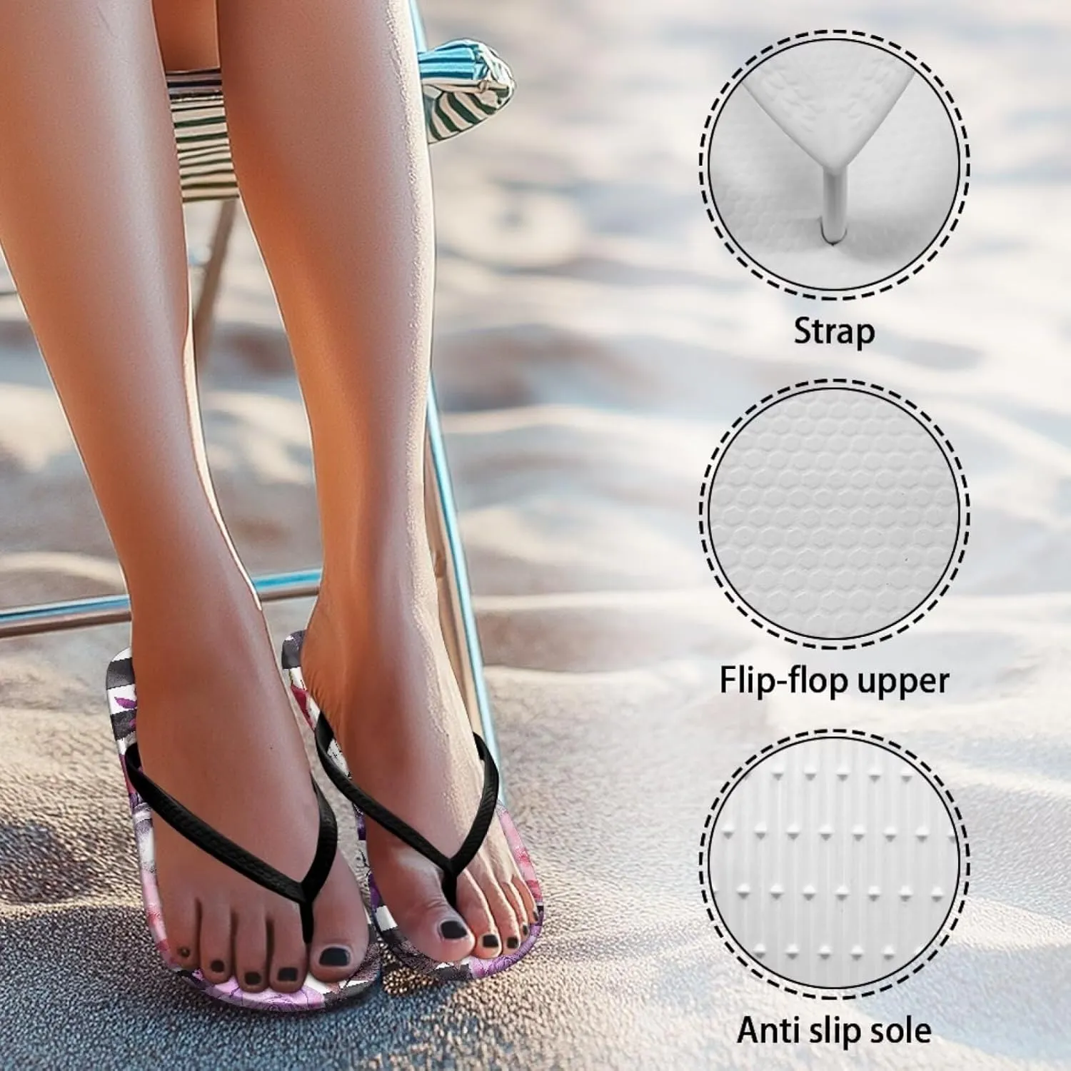 Women's Skull Print Flip Flops Beach Flat Sandals Non-Slip Walking Thong Slippers Shower Shoes