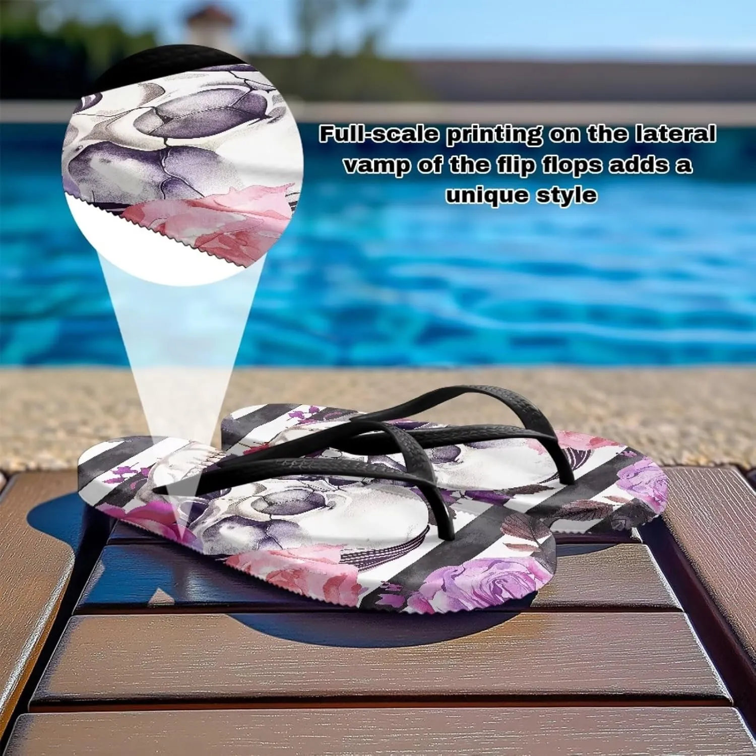 Women's Skull Print Flip Flops Beach Flat Sandals Non-Slip Walking Thong Slippers Shower Shoes