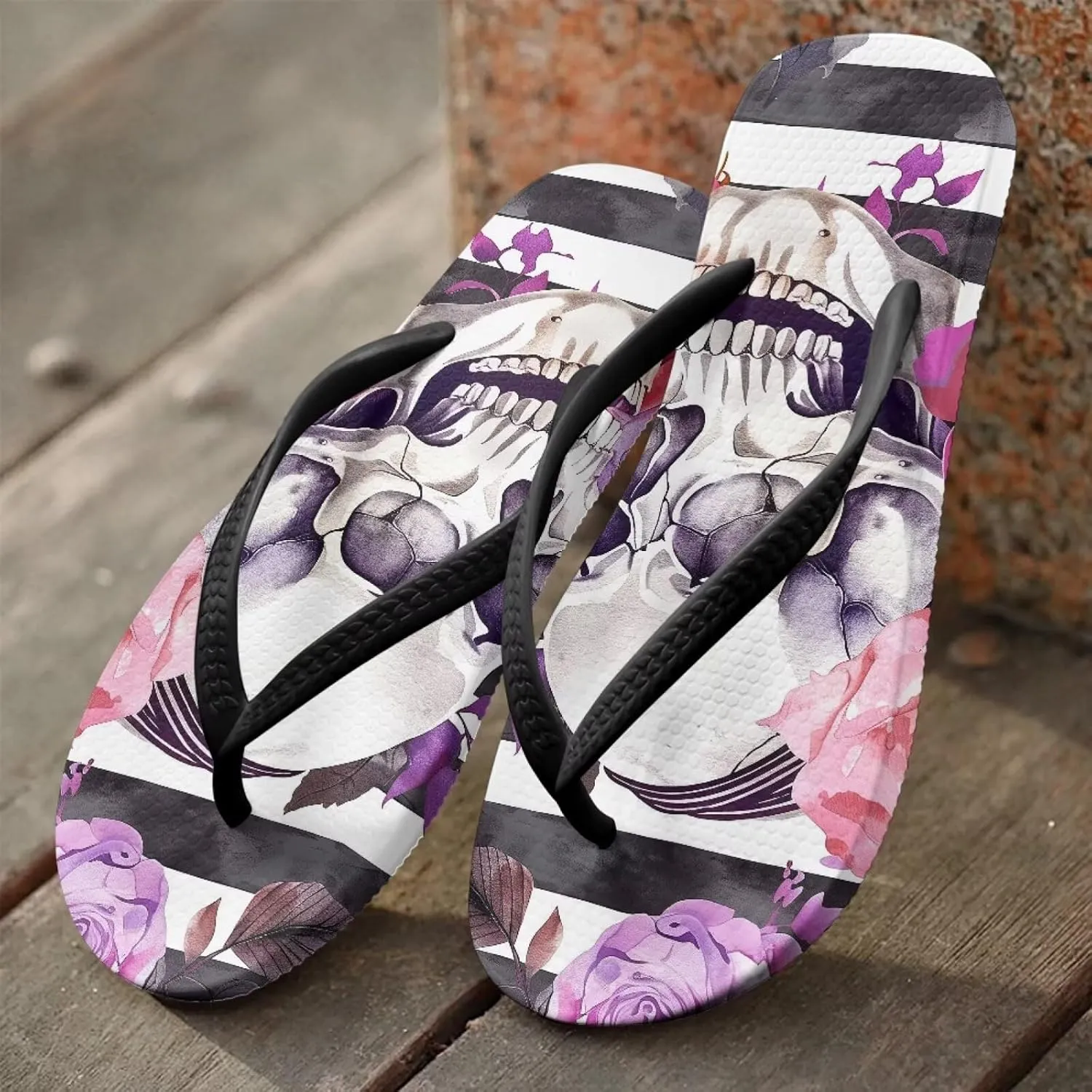 Women's Skull Print Flip Flops Beach Flat Sandals Non-Slip Walking Thong Slippers Shower Shoes