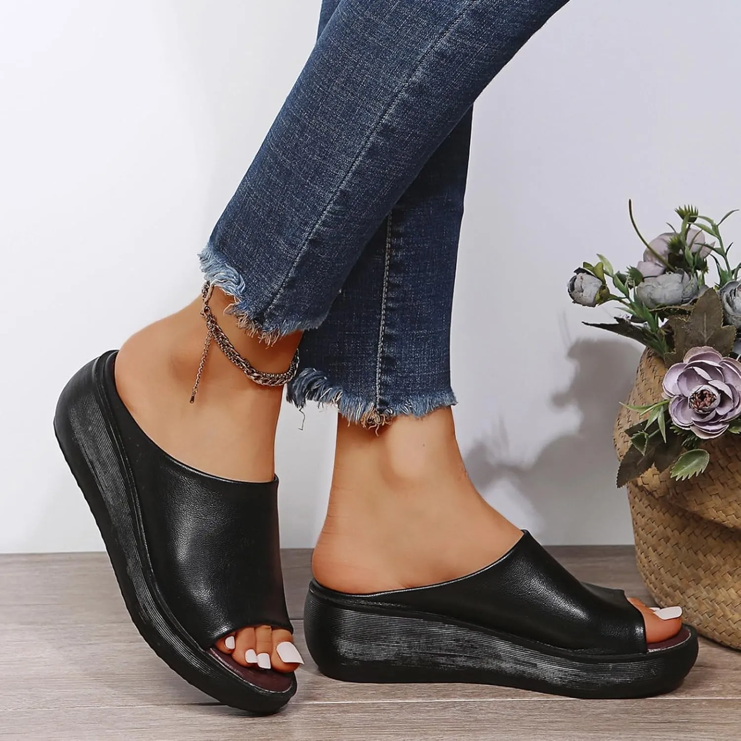 Womens Slip On Sandals Comfortable Non-Slip Work Shoes Open Toe Platform Slippers Faux Leather Wedge Outdoor Shoes Dressy Summer Sandals with Arch Support Orthotic Sandal Beach Walking Shoe Casual