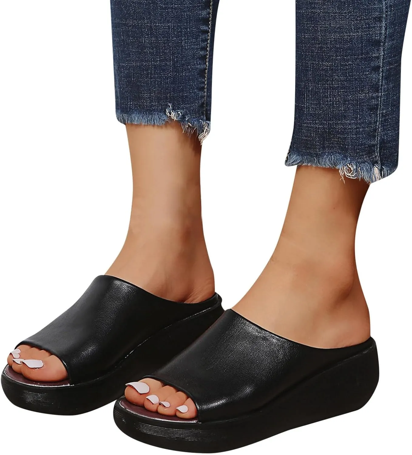 Womens Slip On Sandals Comfortable Non-Slip Work Shoes Open Toe Platform Slippers Faux Leather Wedge Outdoor Shoes Dressy Summer Sandals with Arch Support Orthotic Sandal Beach Walking Shoe Casual