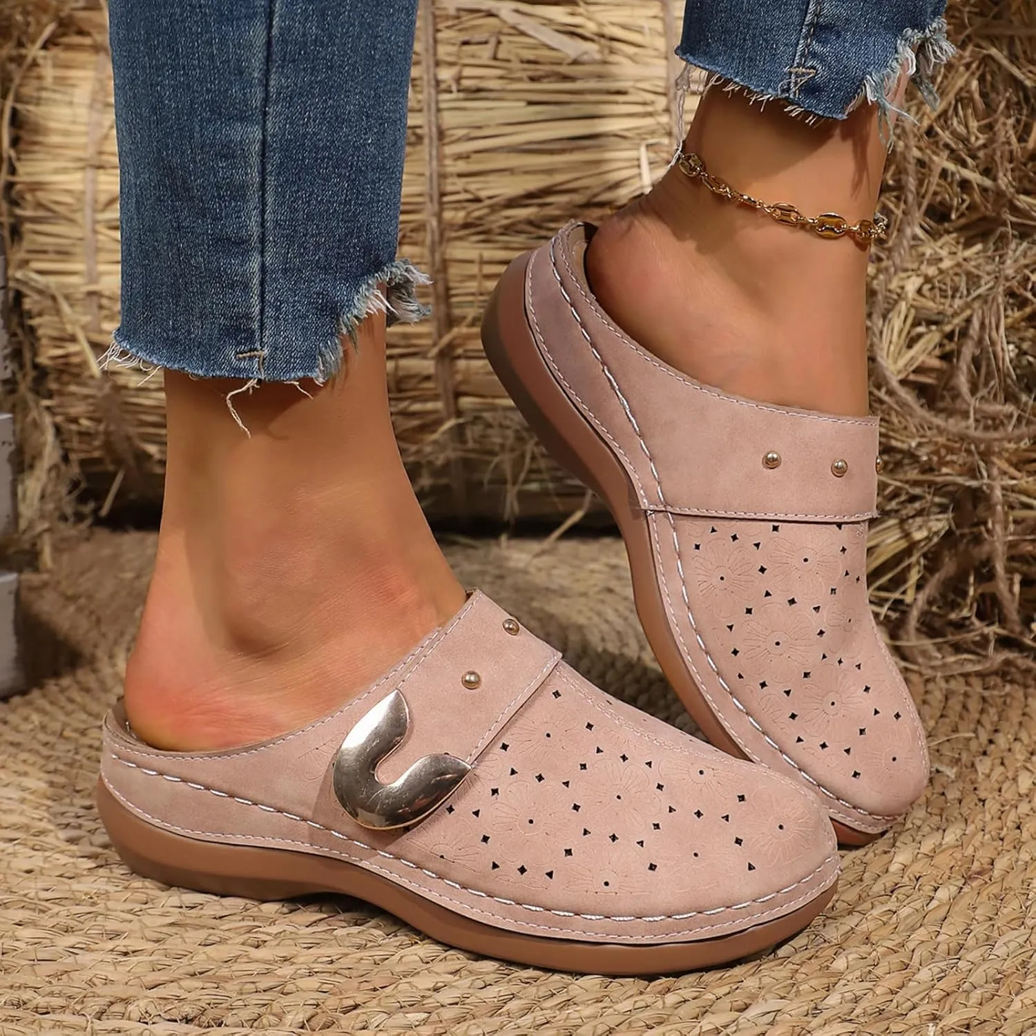 Womens Summer Clogs and Mules Orthopedic Sandals for Women Arch Support Walking Sandals Comfortable Closed Toe Lightweight Breathable Sandal Backless Low Wedge Slip on Mule Shoes with Metal Hollow