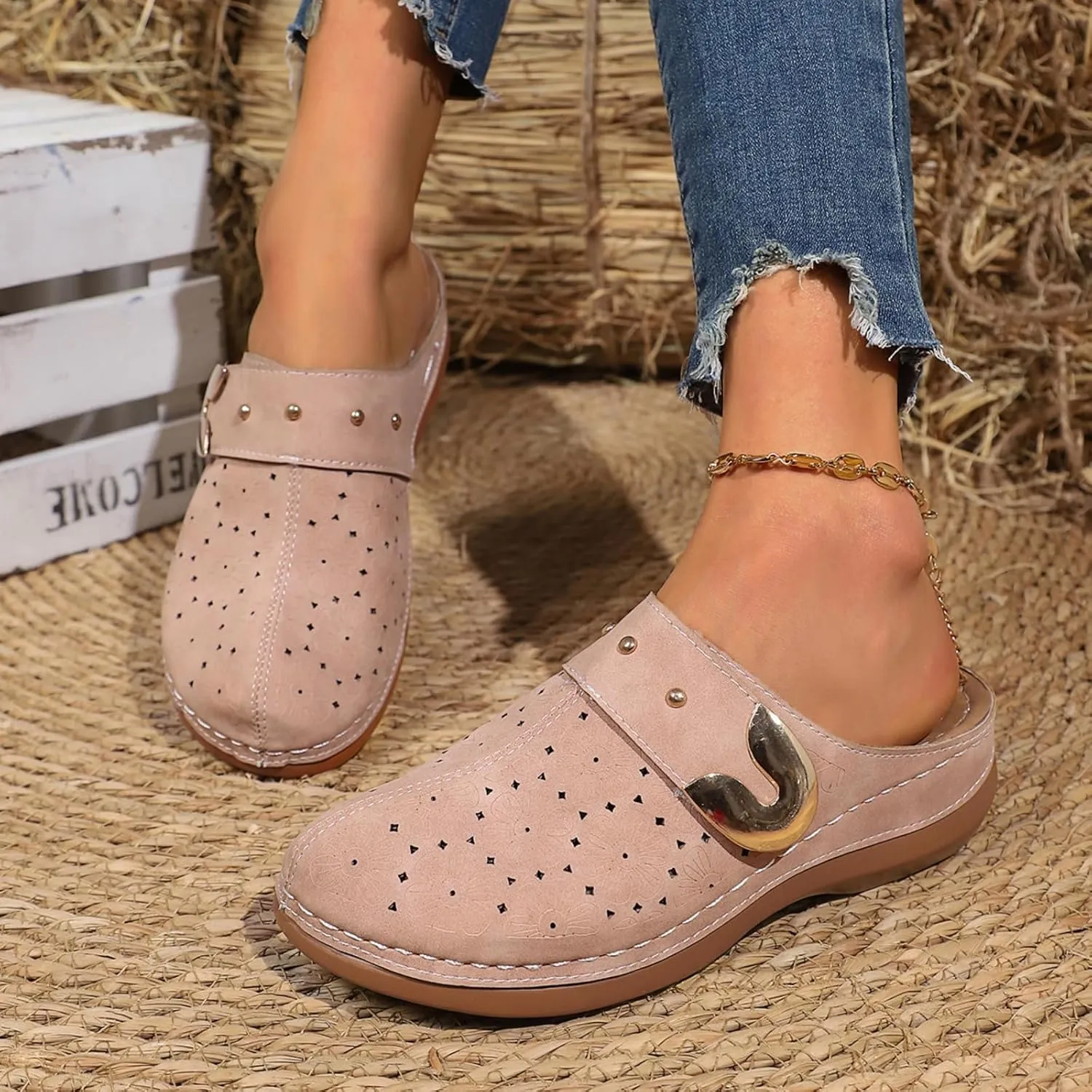 Womens Summer Clogs and Mules Orthopedic Sandals for Women Arch Support Walking Sandals Comfortable Closed Toe Lightweight Breathable Sandal Backless Low Wedge Slip on Mule Shoes with Metal Hollow