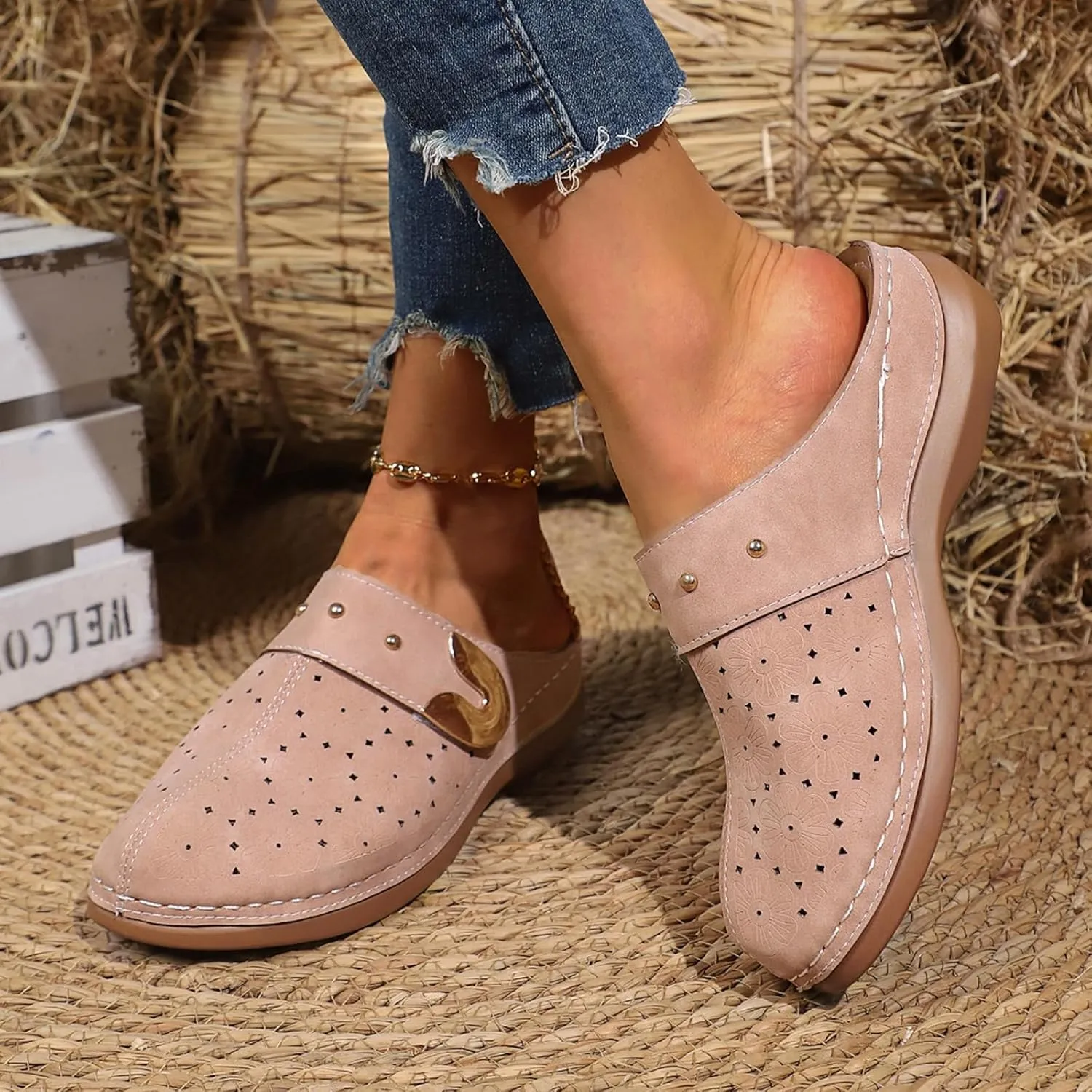 Womens Summer Clogs and Mules Orthopedic Sandals for Women Arch Support Walking Sandals Comfortable Closed Toe Lightweight Breathable Sandal Backless Low Wedge Slip on Mule Shoes with Metal Hollow