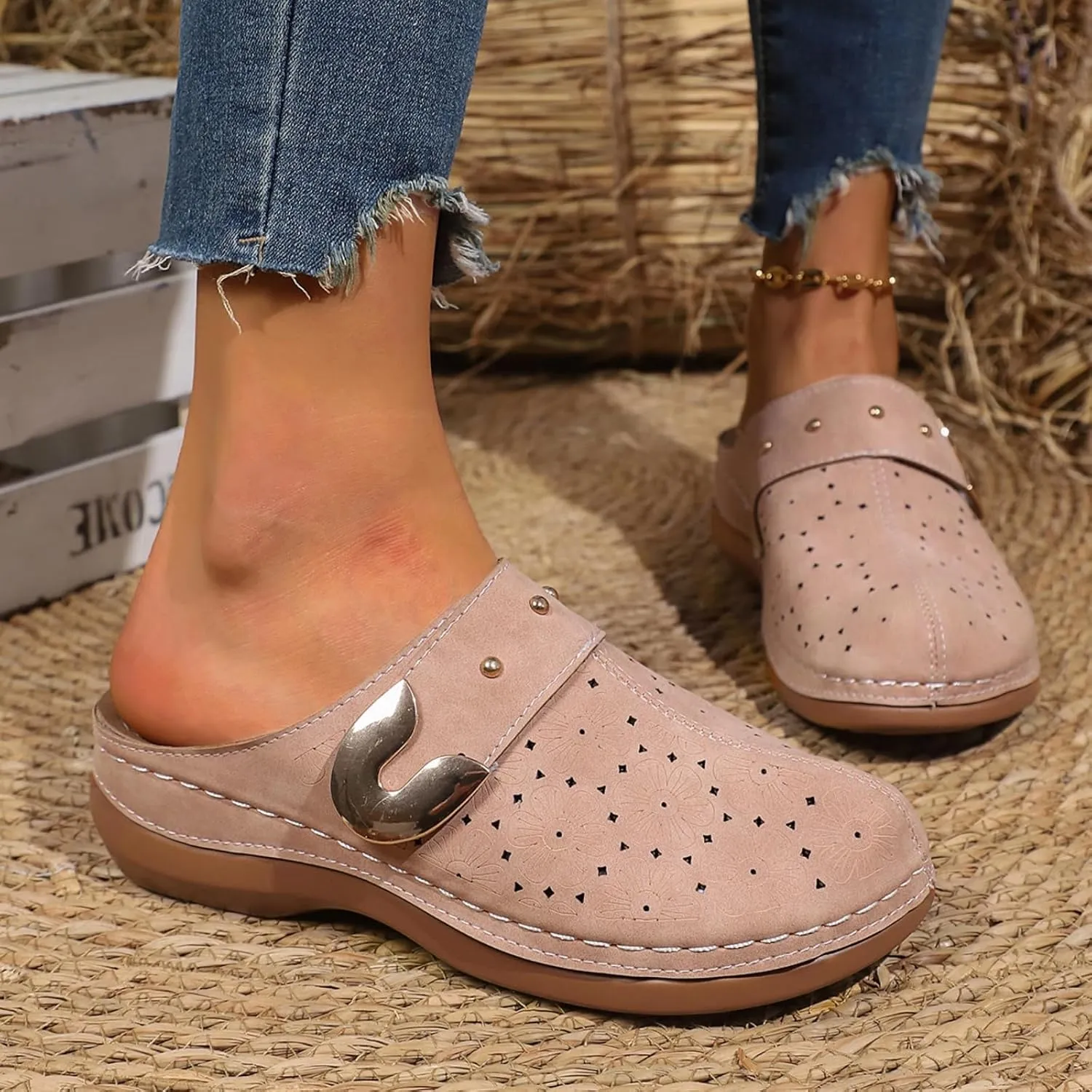 Womens Summer Clogs and Mules Orthopedic Sandals for Women Arch Support Walking Sandals Comfortable Closed Toe Lightweight Breathable Sandal Backless Low Wedge Slip on Mule Shoes with Metal Hollow