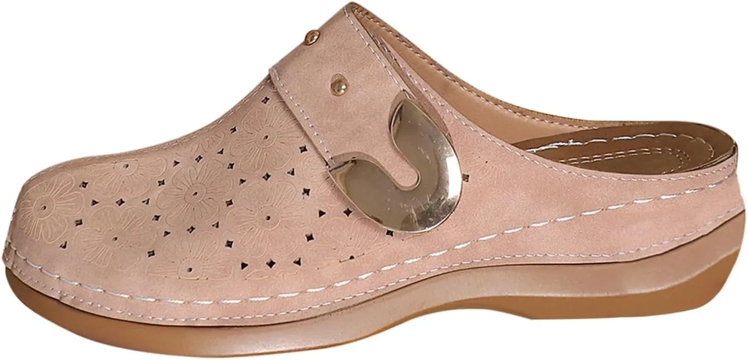 Womens Summer Clogs and Mules Orthopedic Sandals for Women Arch Support Walking Sandals Comfortable Closed Toe Lightweight Breathable Sandal Backless Low Wedge Slip on Mule Shoes with Metal Hollow