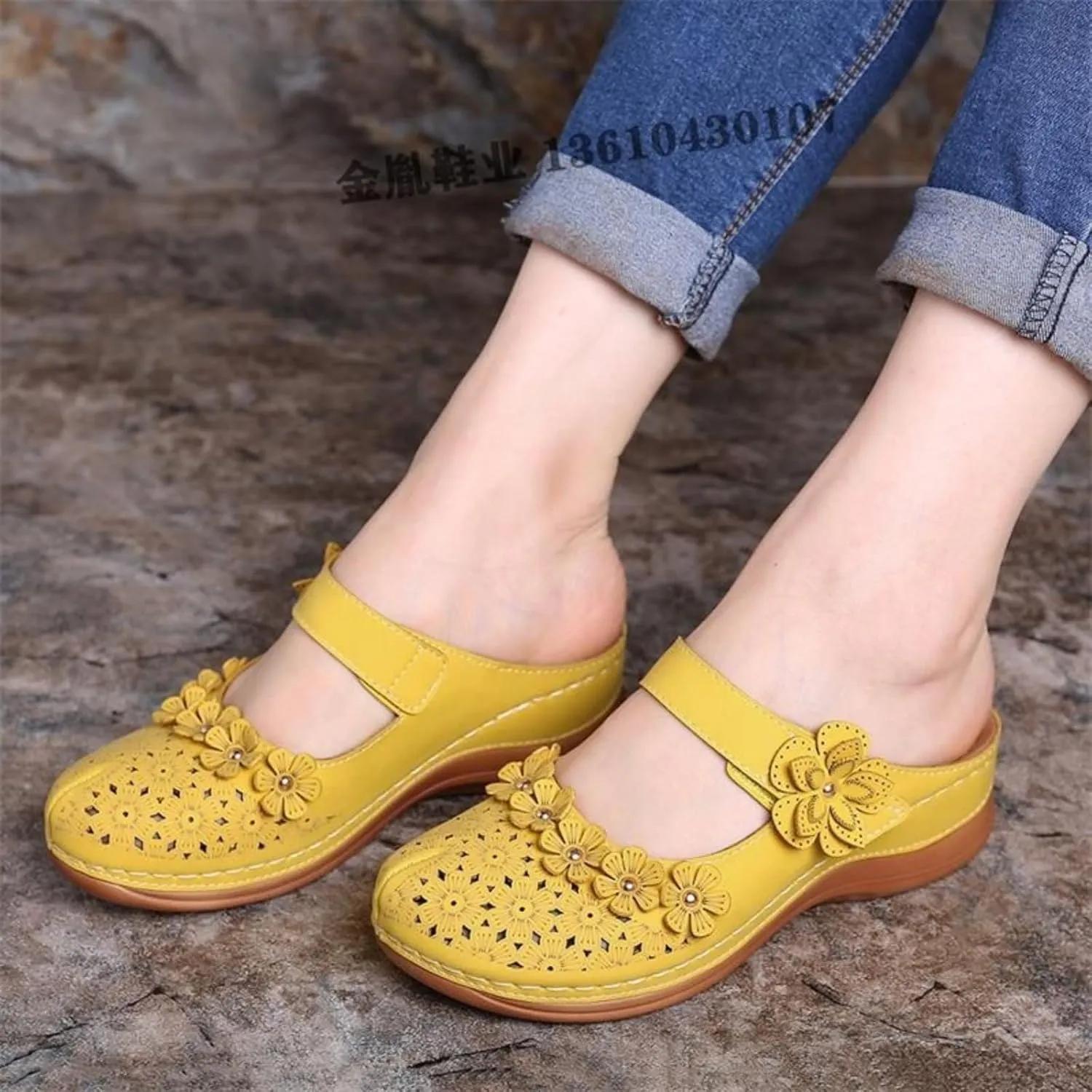 Womens Summer Slipper PU Leather Comfort Mules Outdoor Beach Shoes Vintage Antil Slip Wedge Flowers Sandals Clogs SandalsWidth Mesh Slippers Breathable Walking Sneakers Slip-On Back Mule