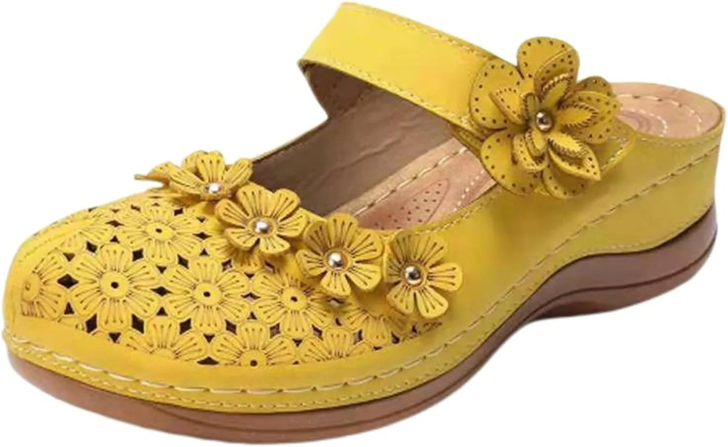 Womens Summer Slipper PU Leather Comfort Mules Outdoor Beach Shoes Vintage Antil Slip Wedge Flowers Sandals Clogs SandalsWidth Mesh Slippers Breathable Walking Sneakers Slip-On Back Mule